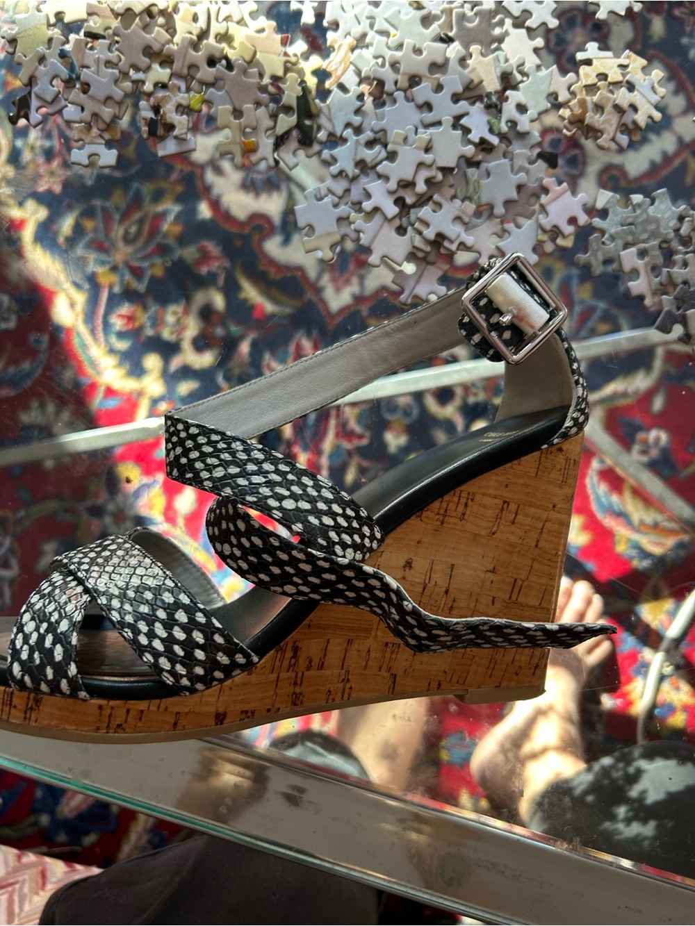Cole Haan Black and White Snake-Print Cork Wedge Sandal with Ankle Buckle